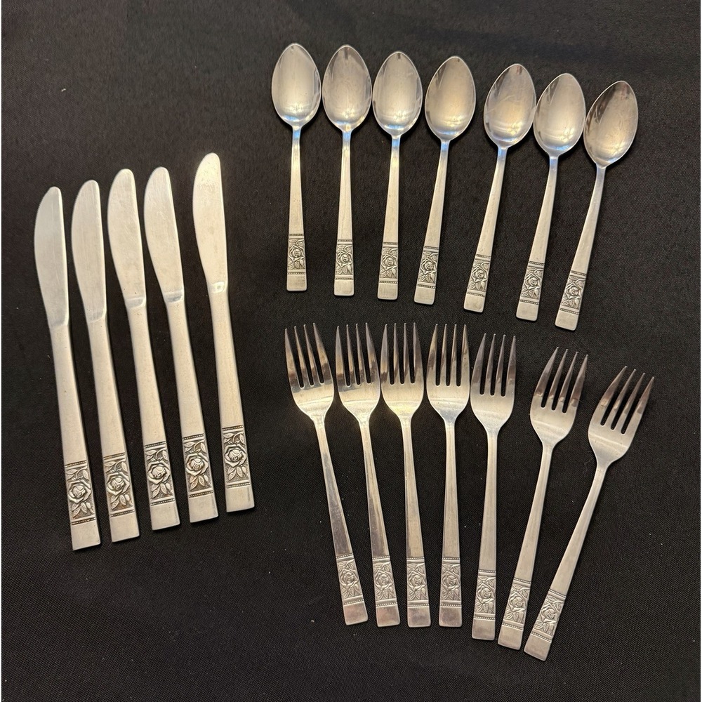 National Stainless Japan Vintage Laureen Place Rose Set 19 Forks Spoons Knives